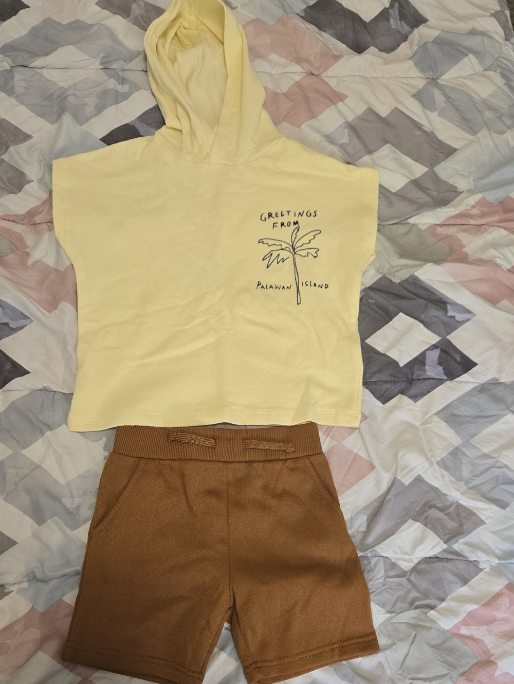 Yellow Hooded Crop Top with Palm Graphic